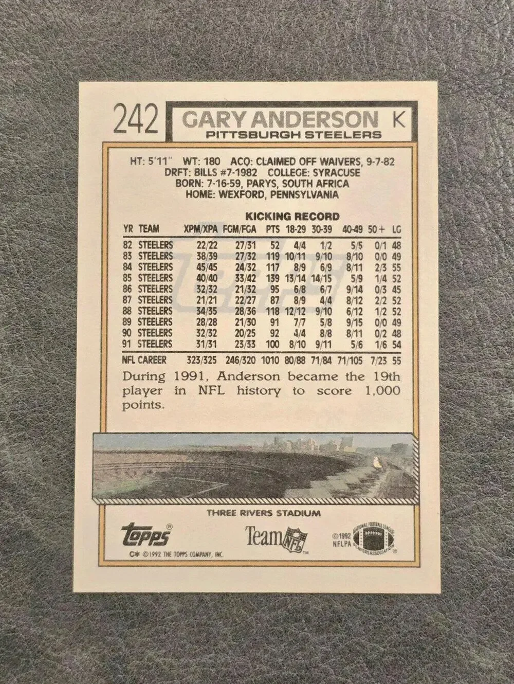 1992 Topps #242 Gary Anderson Football Card - Picture 2 of 2